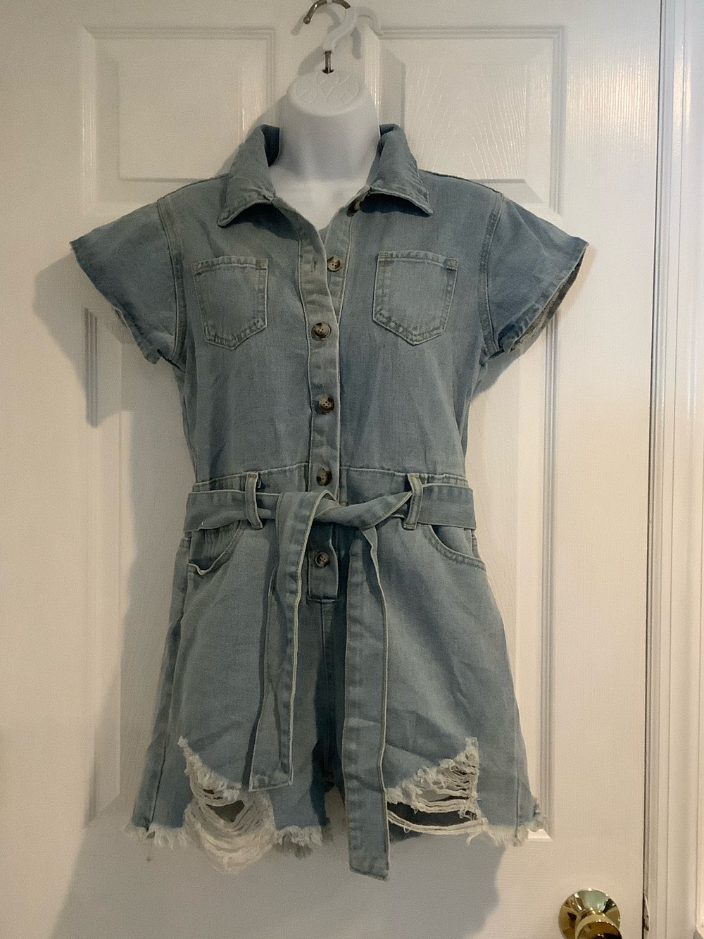 NWT PRETTYLITTLETHING Light Blue Denim Distressed Mechanic Playsuit Romper 4